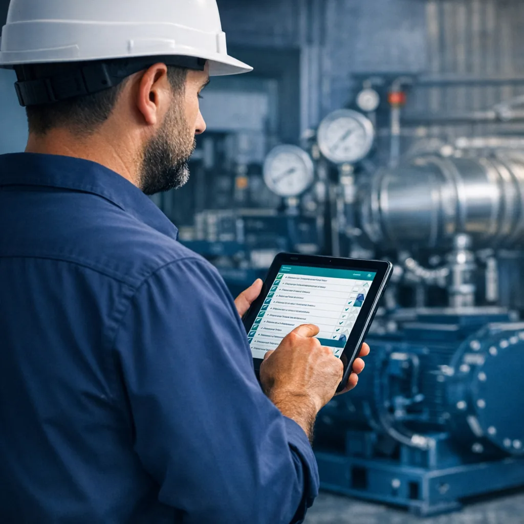 Engenheiro Arktek inspecionando sistema HVAC com tablet